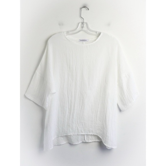 White lagenlook women loose fit top oversized tee S Misslook gauzy cotton sheer - Picture 2 of 10